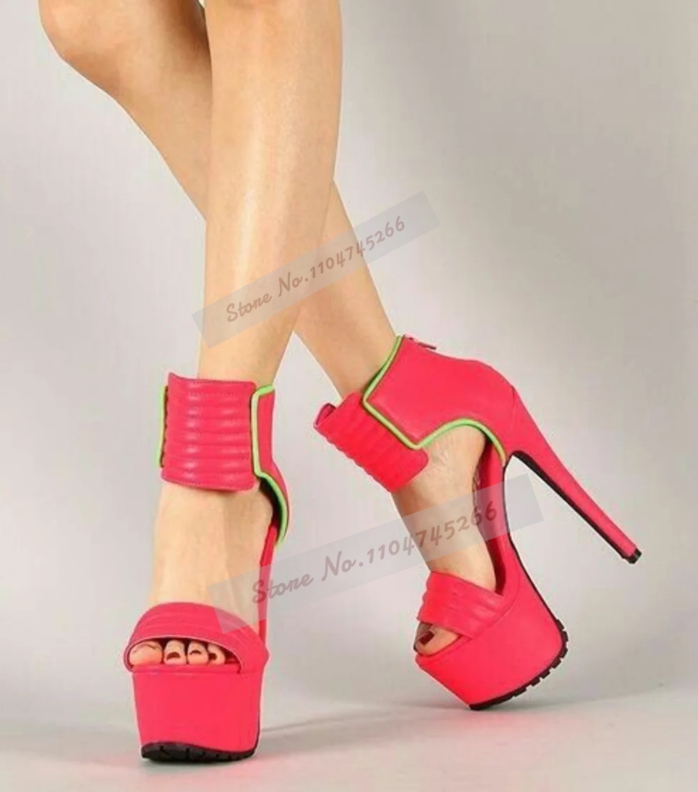 Wide Fit Heels - ローズレッドマットレザーストライプハイヒールサンダルプラットフォームワイドバンドジップドレスシューズオープントゥグラディエーター宴会パンプス