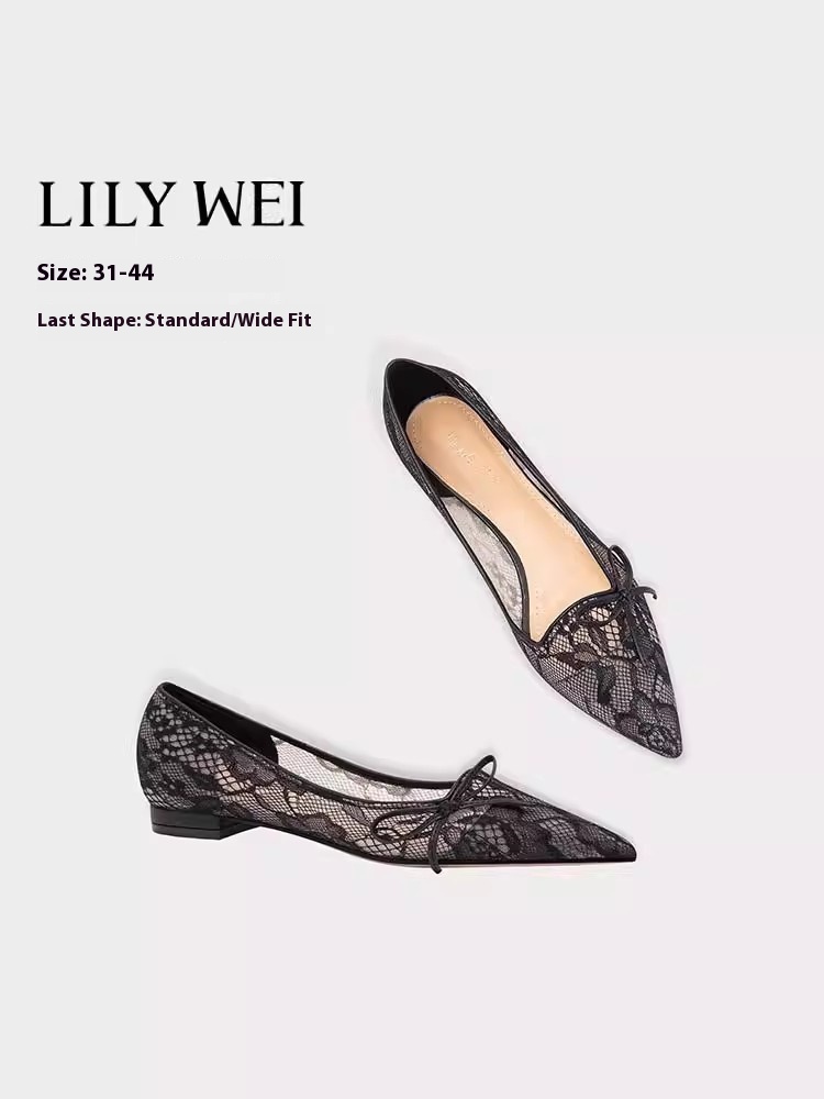 Wide Fit Heels - フラットスティレットヒール 春夏新作 ポインテッドトゥ シャローレース メッシュ 宴会