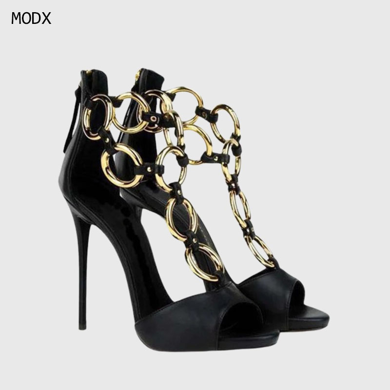 Gold Chain Sandal - 女性用ブラックレザーゴールドチェーンリンクピープトゥスティレットヒールサンダル、オープンバックジッパーハイヒール高級デザイナースタイルヒール
