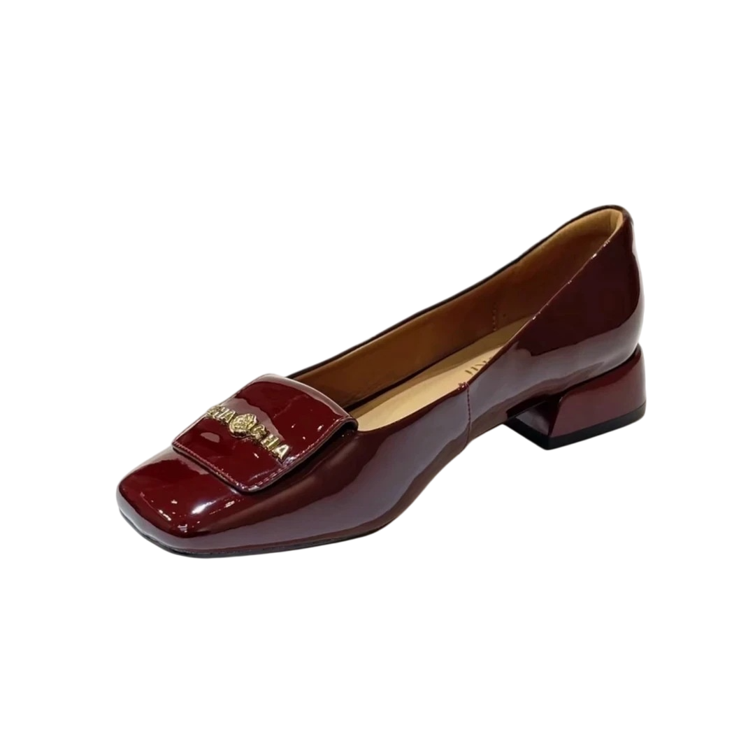 Wide Fit Heels - レディースレトロスクエアトゥブロックヒールパンプス、メタルバックル付き浅履きエレガントオフィスワークシューズ、プラスサイズ幅広
