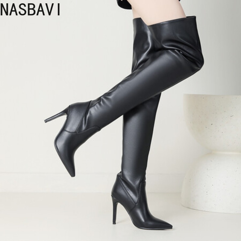 Wide Fit Heels - NASBAVI 黒ポインテッドトゥ高級デザイナー女性靴ワイドふくらはぎ薄いハイヒールオーバーニープリーツ冬スティレットブーツ 34-42