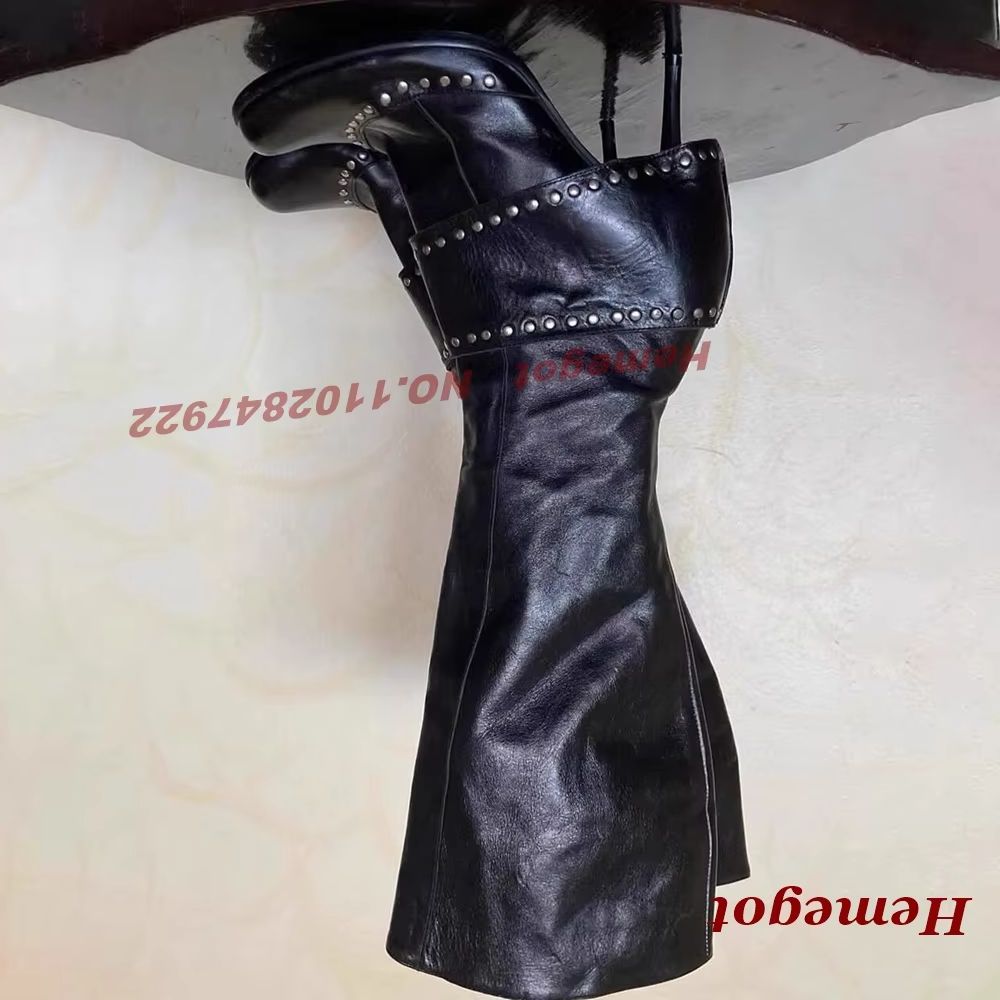 Wide Fit Heels - ブラックリベットワイドストラップニーハイブーツ、ラウンドトゥスティレットヒール、スタッズ付きゴシックパンクブーツ、ソリッドグロッシーパッチワークシューズ、2026年新作
