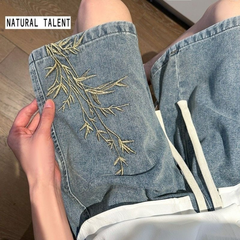 Levis Jeans 501 - メンズ2026夏レトロウォッシュ加工ニューチャイニーズスタイル刺繍デニムショーツ薄手ルーズプラスサイズストリートウェア5ポケットカプリパンツ
