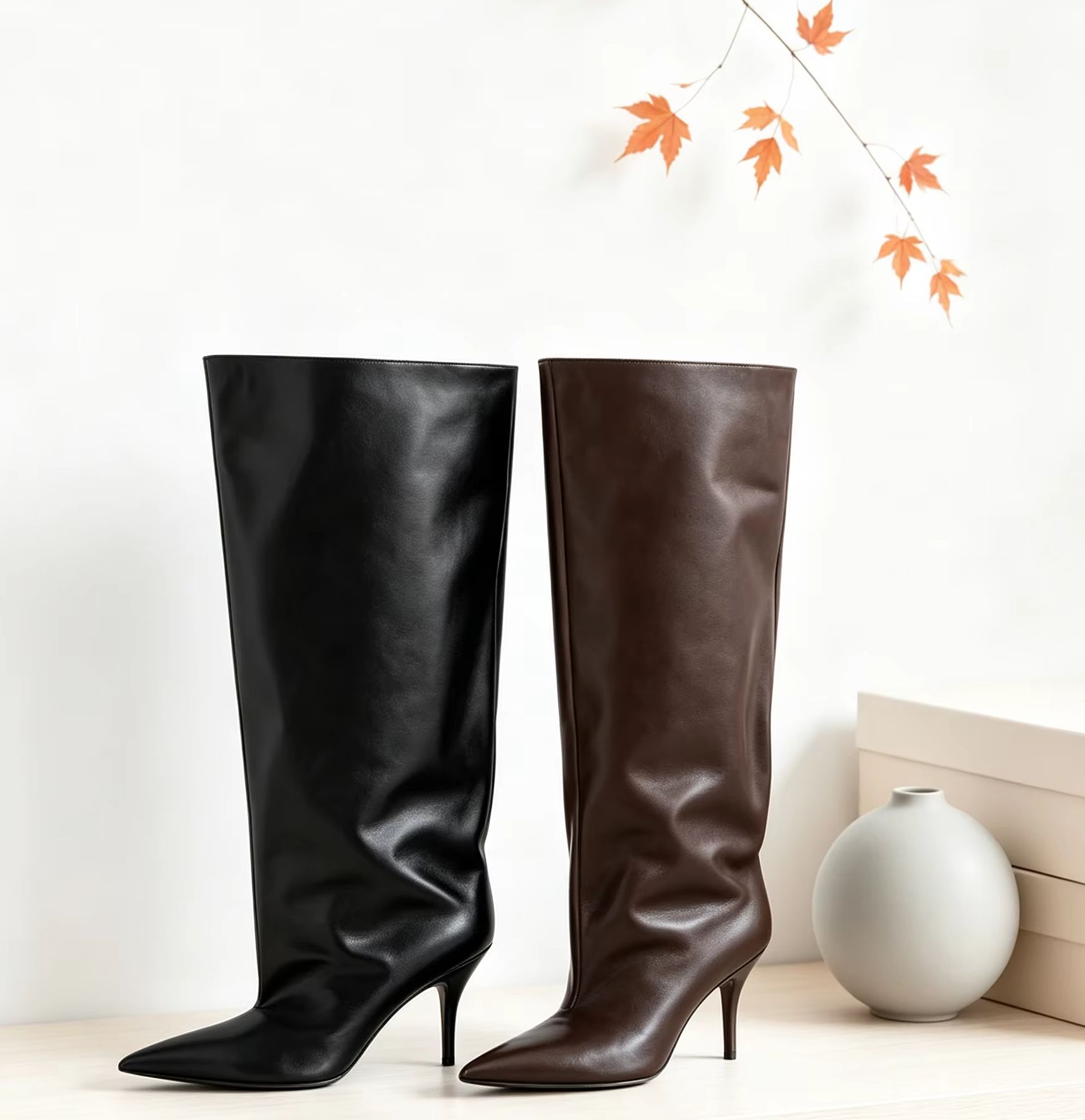 Wide Fit Heels - スラウチワイドカフニーハイブーツ、ポインテッドトゥ、スティレットヒール、薄型ヒールパンプス、エレガントファッション、デイリー、パーティー、ストリート、レディース、セクシー、トール、女性用シューズ