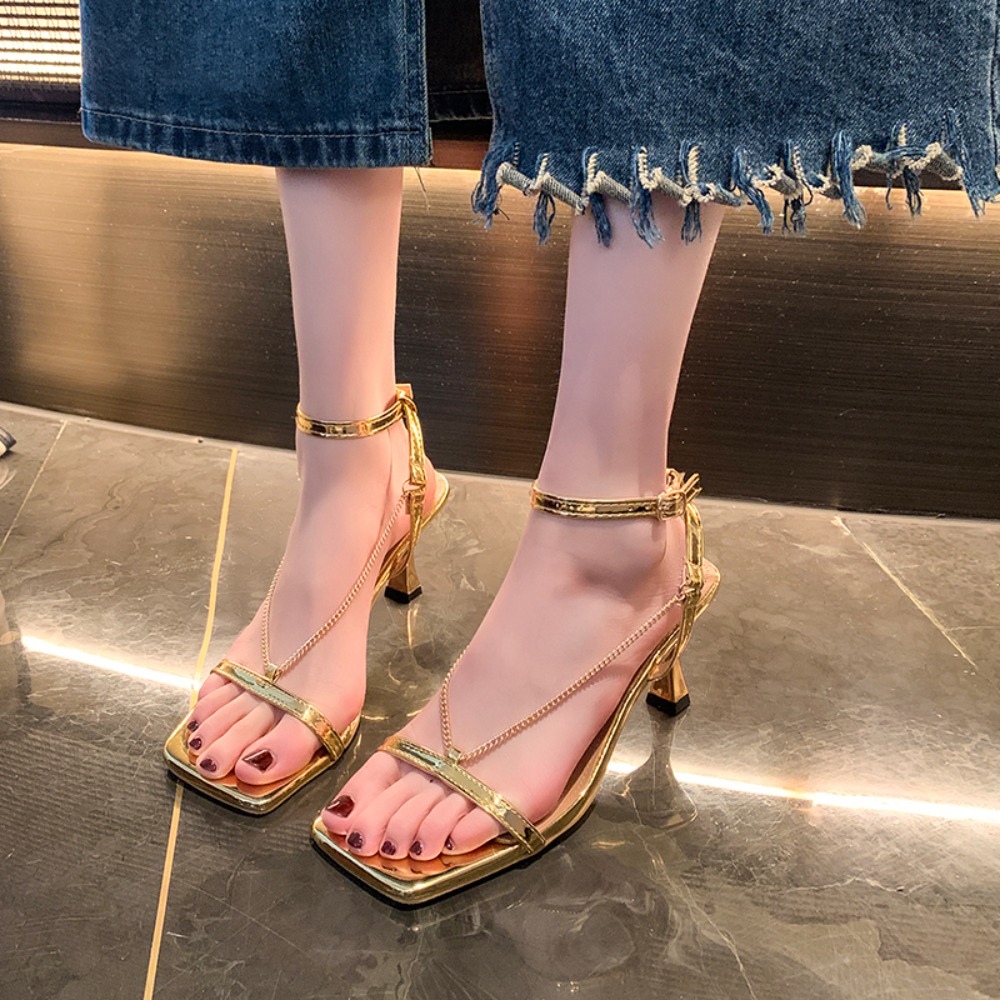 Gold Chain Sandal - ゴールドチェーンセクシーハイヒールサンダル レディース、2026夏新作オープントゥボタンサンダルシューズ