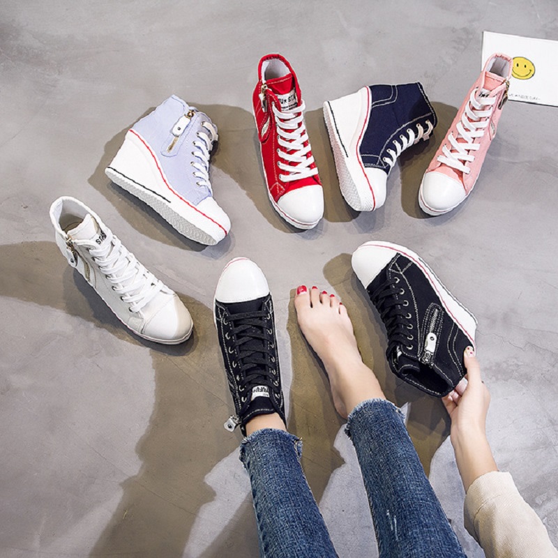 Women'S Shoes Water Resistant - 春と秋の新しいサイドジッパー防水プラットフォームハイカットキャンバスシューズカジュアル大きいサイズウェッジハイヒールレディースシューズ