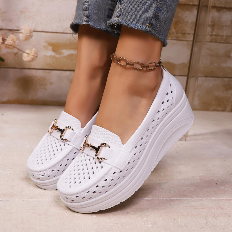Women Shoes Size Chart - ソフト厚底身長アップホワイトローファー女性2026夏中空ウェッジヒールパンプス女性の快適な看護師用シューズ