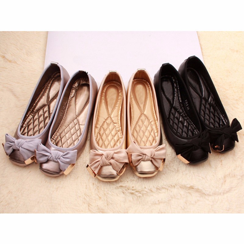 Women Shoes Mk - 春夏の靴の女性バレエフラット甘いフラットちょう結び Laides ブランドの靴プラスサイズ 41 ブラックゴールド D069