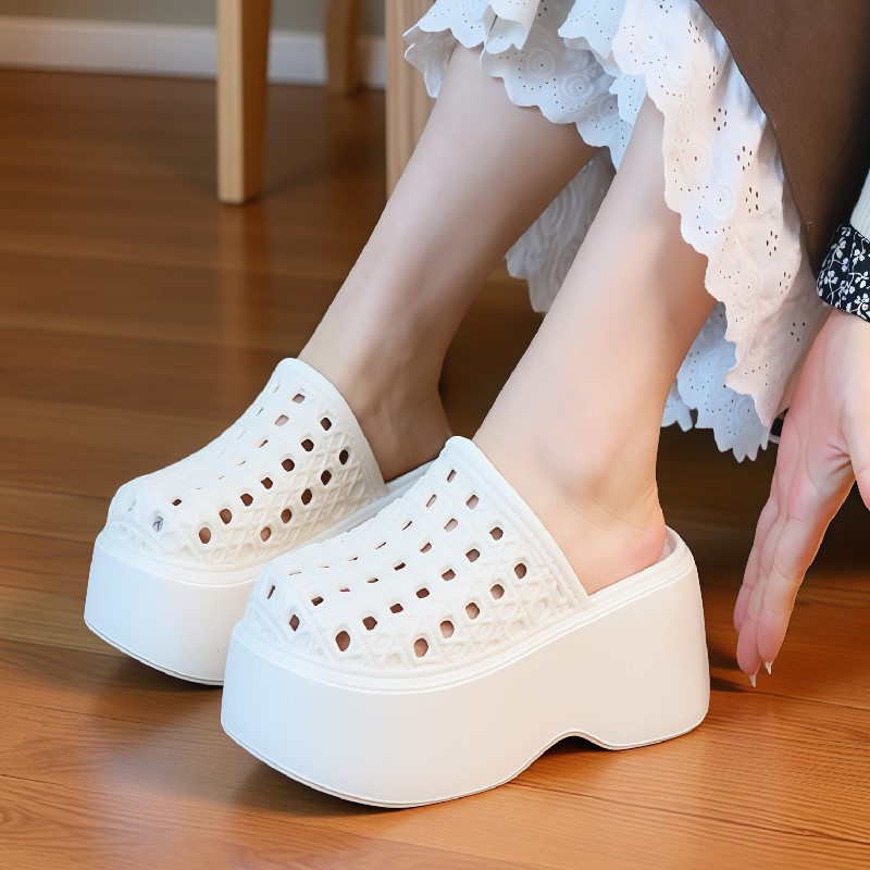 Women Shoes Size Chart - チャンキー厚底7cmプラットフォームスリッパ レディース 中空穴あき通気性ミュールシューズ コンサイス女性身長アップサマースライド
