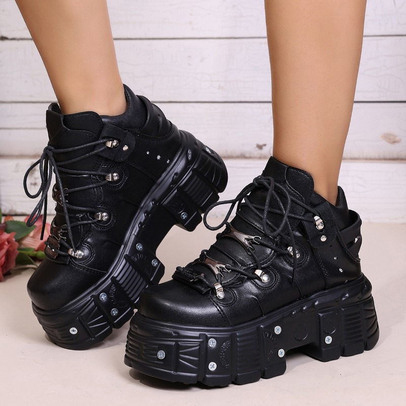 Women Shoes Size Chart - 新しい女性の靴パンクスタイルレースアップヒール高さ 6 センチメートルプラットフォームシューズ女性ゴシックアンクルロックブーツ金属装飾女性スニーカー