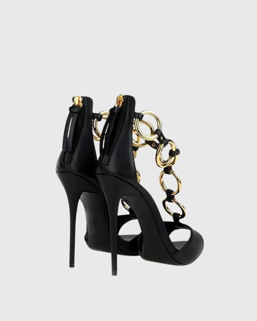 女性用ブラックレザーゴールドチェーンリンクピープトゥスティレ - Gold Chain Sandal のレビューと価格