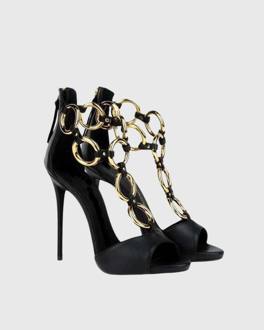 女性用ブラックレザーゴールドチェーンリンクピープトゥスティレ - Gold Chain Sandal のレビューと価格