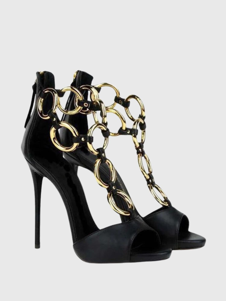女性用ブラックレザーゴールドチェーンリンクピープトゥスティレ - Gold Chain Sandal のレビューと価格