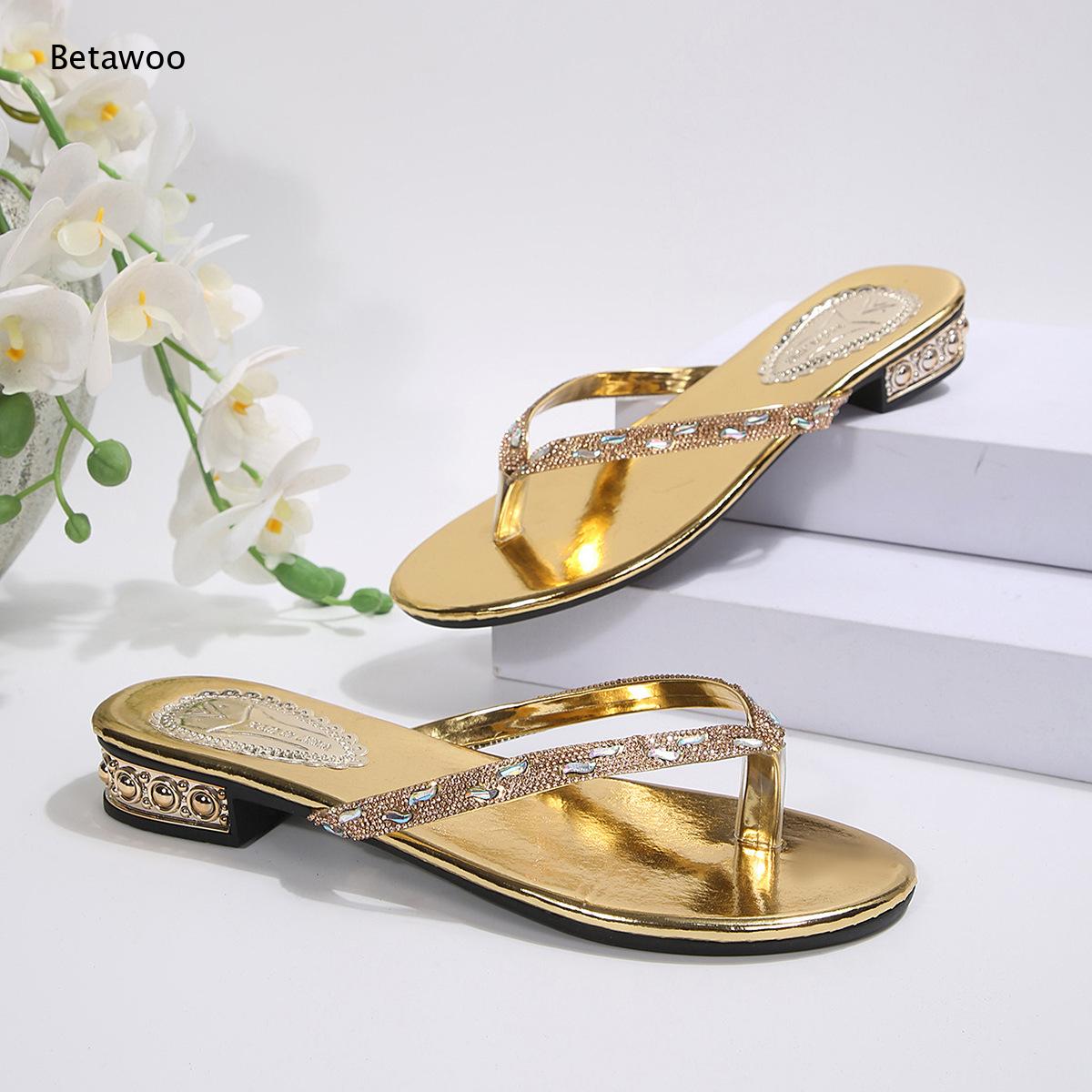 ラインストーン付きローヒールスライドサンダル、アンクルチェー - Gold Chain Sandal のレビューと価格
