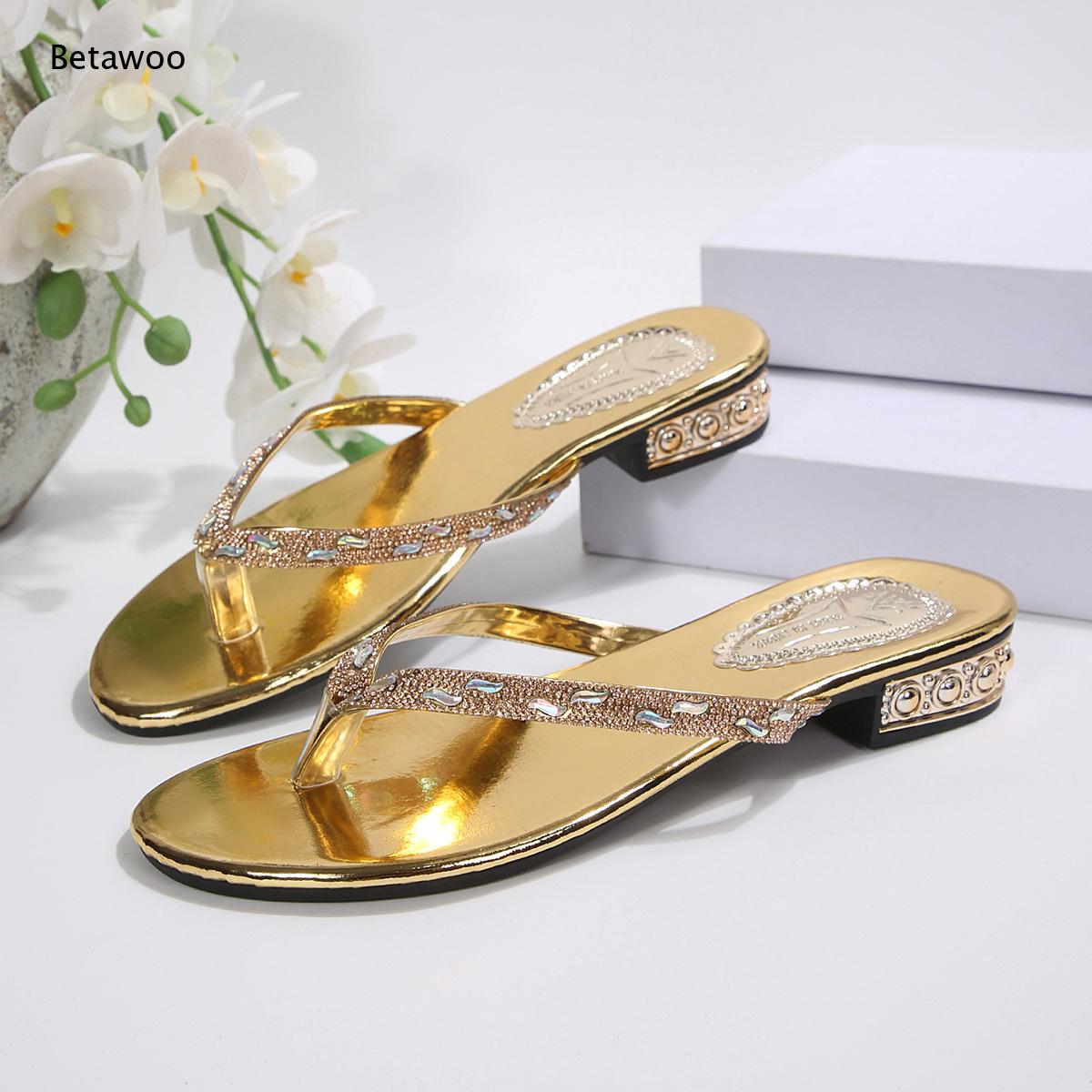 ラインストーン付きローヒールスライドサンダル、アンクルチェー - Gold Chain Sandal のレビューと価格