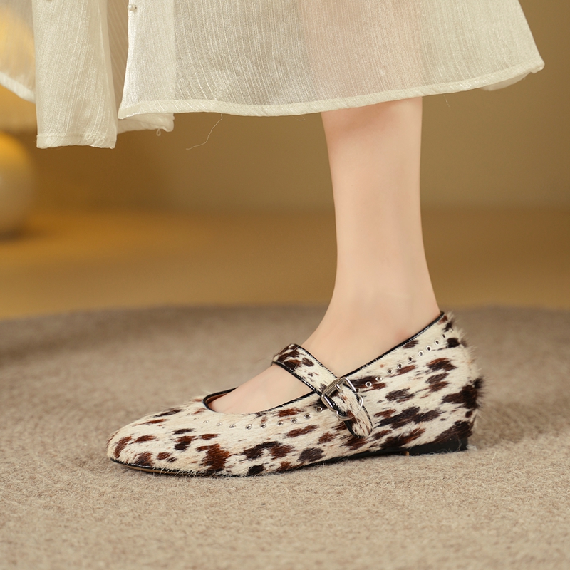 ホット販売ヒョウ馬毛秋春バレエフラットラウンドトゥ浅いリベッ - Women Shoes Mk のレビューと価格