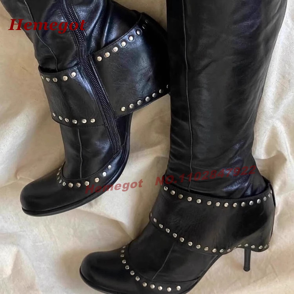 ブラックリベットワイドストラップニーハイブーツ、ラウンドトゥ - Wide Fit Heels のレビューと価格