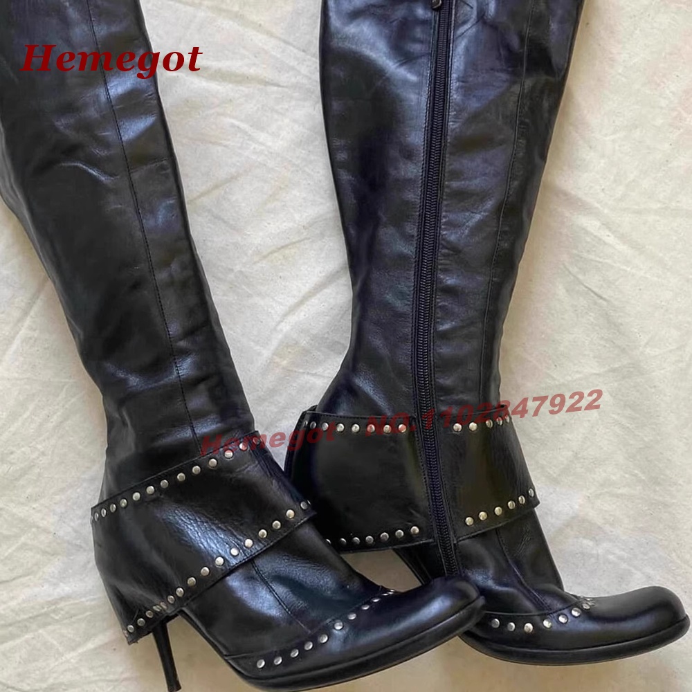 ブラックリベットワイドストラップニーハイブーツ、ラウンドトゥ - Wide Fit Heels のレビューと価格