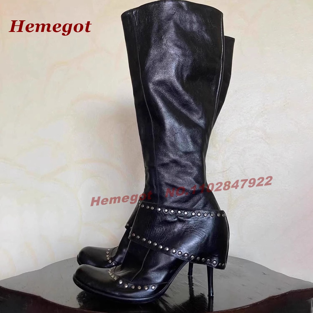 ブラックリベットワイドストラップニーハイブーツ、ラウンドトゥ - Wide Fit Heels のレビューと価格
