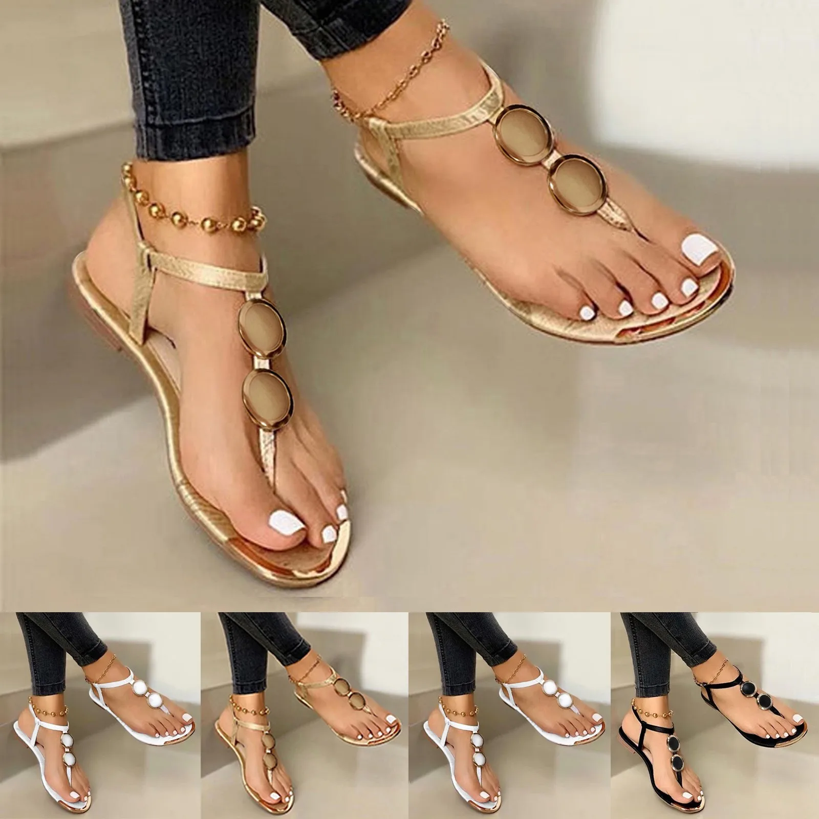 女性用オープントゥゴールドチェーンサンダル,ビーチサンダル, - Gold Chain Sandal のレビューと価格