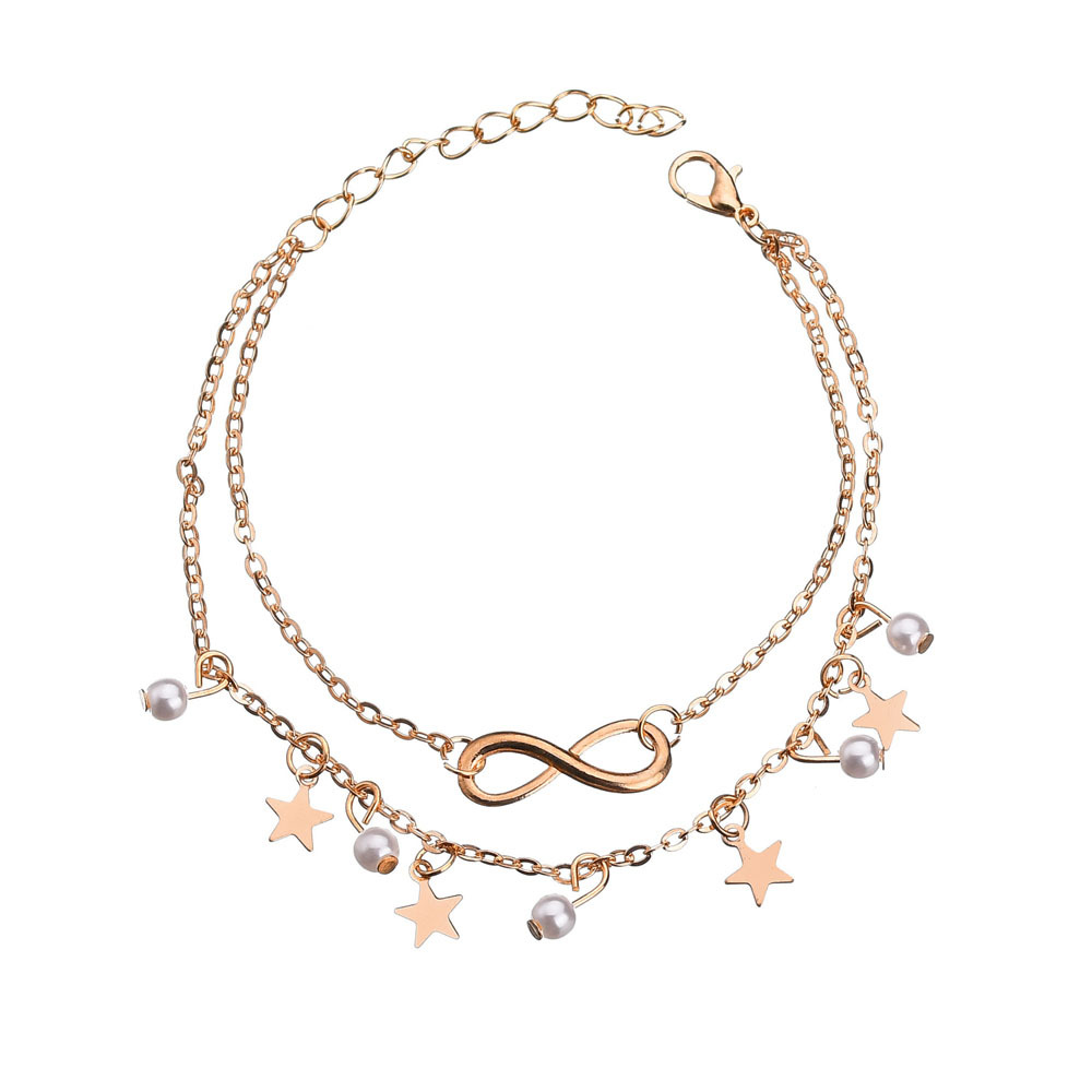 シンプルなタッセルダブルスター真珠 8 単語女性アンクレット - Gold Chain Sandal のレビューと価格
